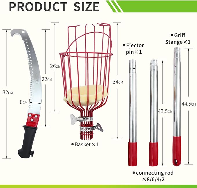 2-in-1 9 FT Pole Saw and Fruit Picker for Tree Trimming and Fruit Harvesting, SK5 Blade and High Carbon Steel Fruit Picker for Cutting High Branches and Fruit Grabber, Stainless Steel Pole