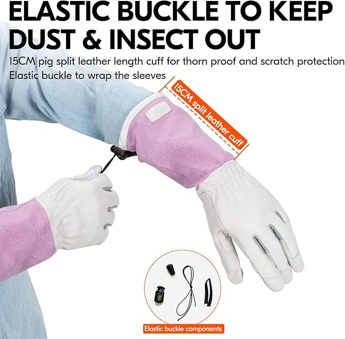 Vgo... 1-Pair Premium Genuine Goat Leather Extra-Long Cuff Thornproof Gardening Gloves (Size S, Pink White, GA1013)