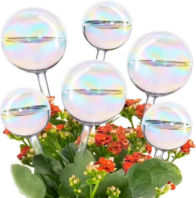 Tomorotec Iridescent Glass Self Watering Globes 6-Pack (3 Large+3 Small), Decorative Hand-Blown Rainbow Glass Watering Bulbs, Automatic Irrigation for Indoor & Outdoor Plants, Easy to Use and Maintain
