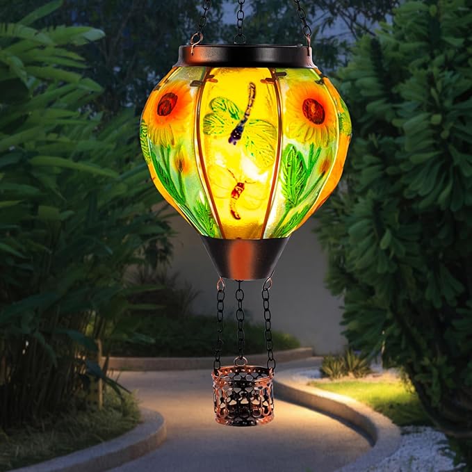Hanging Hot Air Balloon Solar Lantern, Dragonfly Solar Power Hot Air Balloon Lantern Outdoor Waterproof, Glass Hanging Light for Outdoor Patio Garden Decor