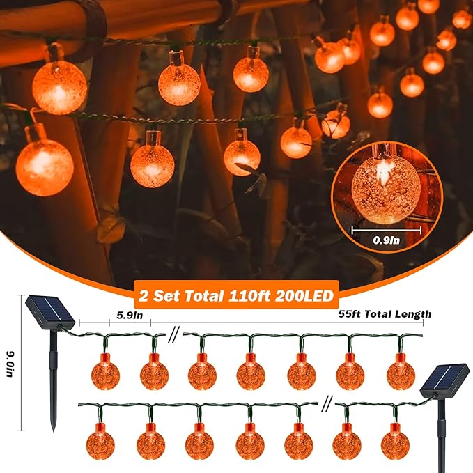 Solar Lights Outdoor Waterproof, 2 Pack Total 200LED 110FT Solar String Lights for Outside w/ 8 Modes, Outdoor String Lights Crystal Globe Patio Lights for Garden Yard Party Decor(Orange)
