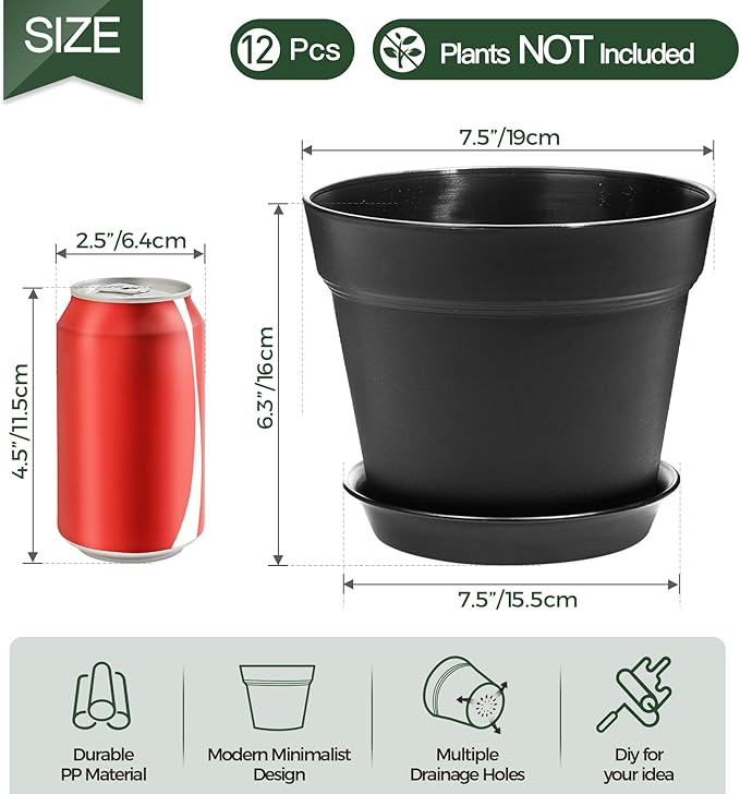 T4U 7.5 Inch Plant Pots 12-Pack - Small Plastic Planter with Drainage Hole and Saucer, Decorative Nursery Pot Bulk for African Violet, Snake Plant, Succulent and All House Plants Indoor (Black)