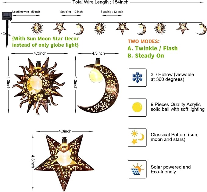 Solar String Lights Outdoor Star Moon Sun 13Ft 153In Led Solar Powered Fairy Decorative Lights for Garden Patio Yard Trees Mothers Day Gifts Wedding Party (Warm White) (Star Moon Sun String Lights)