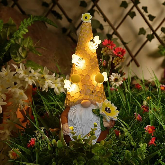 pearlstar Garden Gnome Statues Bee Solar Light 10.2" Tall Large Resin Figurine Outdoor Funny Home Yard Patio Decoration Fall Thanksgiving