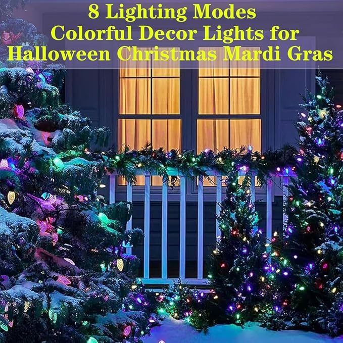 Solar Mardi Gras Lights - Yellow Green Purple Decor, 50 LEDs 8 Modes Waterproof Outdoor C6 Strawberry Garden for Camping, Holiday, Arbor, Fence, Balcony Decorations