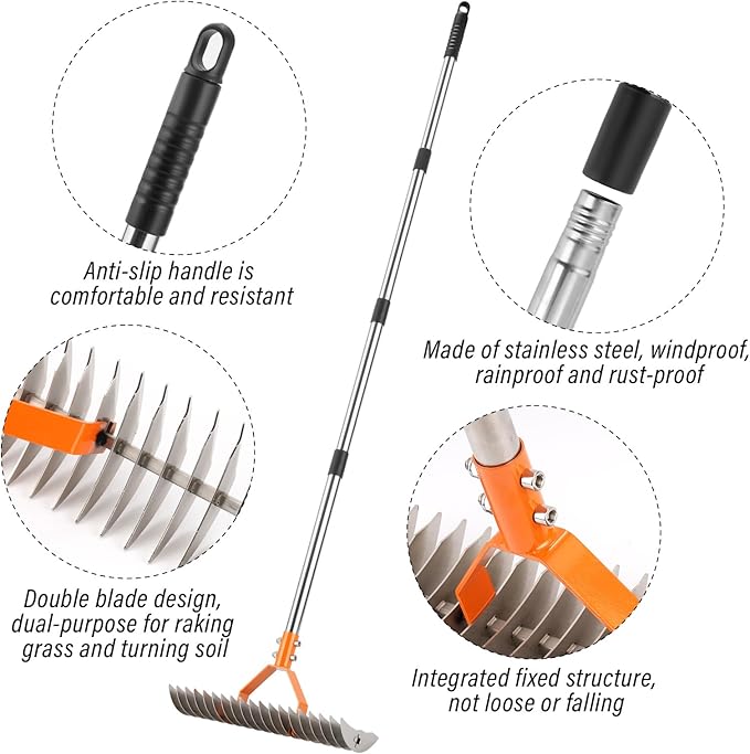 62" Thatch Rake, 19 Double-Sided Tines, 15-Inch Wide Lawn Rake, Adjustable Handle Garden Rake for Dethatching, Gardening, Yard Work, Heavy Duty Dethatcher Rake and Rock Rake