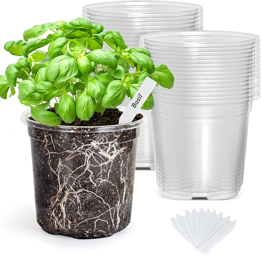 Bonviee Nursery Pots for Plants, 30-Pack 5-Inch Plastic Seedling Pots with Drainage Holes, and 10 Plant Labels, Ideal for Seed Starters and Flowers -Clear