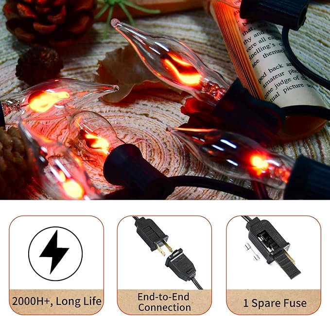 27.8Ft Halloween Decorations Flickering Flame String Lights with 29 Pack Clear Glass Flame Light Bulbs (4 Spare), E12 Base, Great for Christmas Halloween Indoor Outdoor Home Party Decor, Black Wire