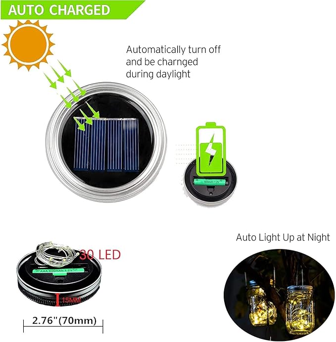 ZNYCYE Solar Mason Jar Lights, 6 Pack 30 Led String Fairy Star Firefly Jar Lids Lights, Jars Not Included, Best for Mason Jar Decor,Great Outdoor Lawn Decor for Patio Garden, Yard (Cool White)