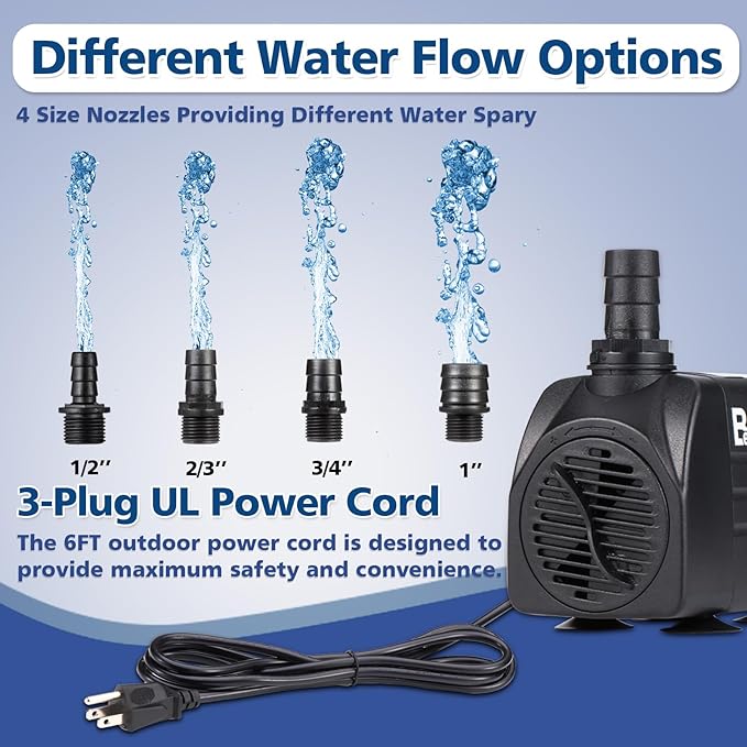 400GPH Submersible Water Pump, 25W Adjustable Ultra Quiet Fountain Pump with 4 Nozzles 6.8ft High Lift for Aquarium, Fish Tank, Pond, Waterfall, Outdoor, Hydroponics