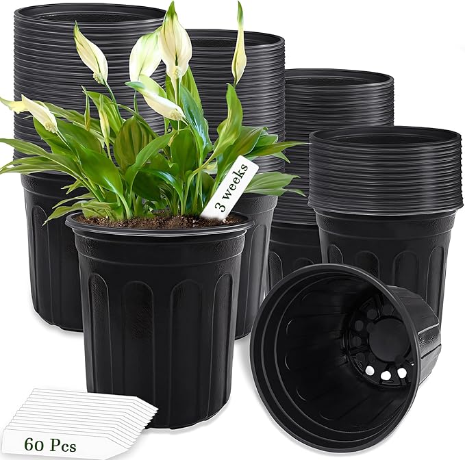 60 Pcs 1 Gallon Plant Nursery Pots,Plastic Pots with Drainage Holes,Garden Flower Container Seedling Pot with White Label for Planting,Cuttings,Transplanting,Home Garden(Black)