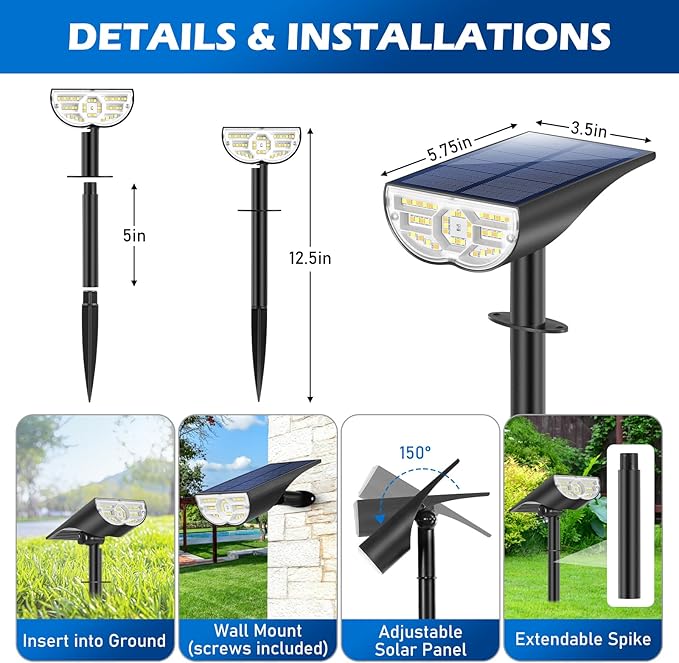 Solar Spot Lights Outdoor 5 Modes, 44LEDs Bright Landscape Spotlights Solar Powered 3 Colors Changing, IP67 Waterproof Auto On-Off Dusk Dawn Solar Outdoor Lighting for Yard Garden Outside Tree