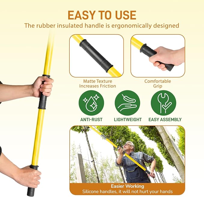 Outvita Manual Pole Saw, 26 Feet Extendable Tree Pruner with Knives and Storage Pocket, Sharp Steel Blade and Scissors High Branches Trimming for Pruning Palms and Shrubs（Yellow）