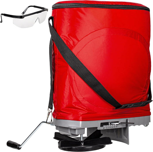 Walensee Handheld Seed Spreader with 25lb Bag, Frame Support, Flow Control, Enclosed Gears, Rear Baffle, Adjustable Strap & Goggles – Bag Seeder for Lawn and Garden, Red