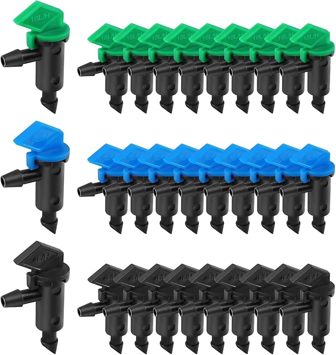 Kalolary 90 Pieces Drip Emitter, 3 Colors Garden Flag Irrigation Drippers in 3 Sizes, 1 GPH, 2 GPH, 4 GPH Per Hour for Trees and Shrubs Watering