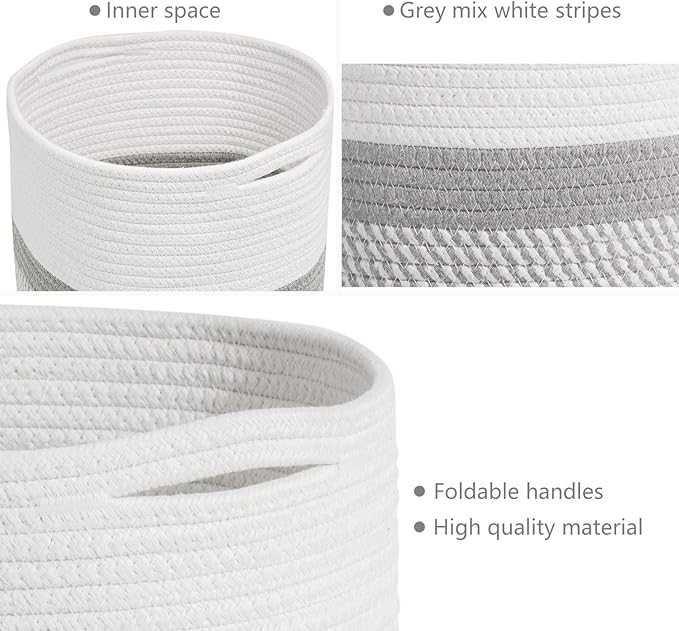 TIMEYARD Woven Cotton Rope Plant Basket for 10" Flower Pot Floor Indoor Planters, 11” x 11” Storage Basket Organizer Modern Home Decor, Grey and White Stripes