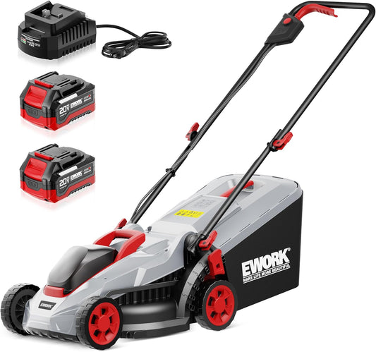 EWORK 40V 13-Inch Electric Lawn Mower Cordless, Brushless Motor, 5 Height Adjustment with 2 x 20V 4.0Ah Batteries and Charger, Battery Powered Walk-Behind Lawn Mowers Suitable for Garden, Small Yards