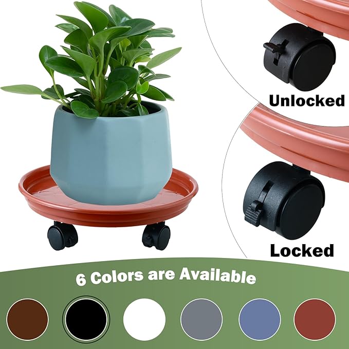 8 Packs Plant Caddy with Wheels 11.8" Plastic Rolling Plant Stands Heavy-Duty Plant Dolly with Casters Indoor and Outdoor Plant Roller Base Large Heavy Plant Pot Saucers with Wheels, Rust Red
