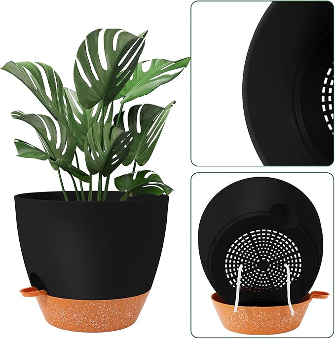 GARDIFE 12 inch planters, Plant Pots,Self Watering Pots, Large Plastic Flower pots with Deep Reservior and High Drainage Holes for Indoor Outdoor Plants and Flowers, Black