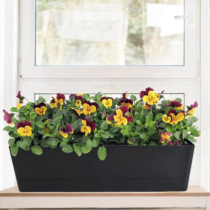 GREANER Herb Window Boxes 1PCS 16x3.8 Inch, Black Planter with Removable Trays and Drainage Holes, Succulent Flower Rectangular Plastic Pot for Balcony, Office, Windowsill, Garden, Indoor Outdoor Use