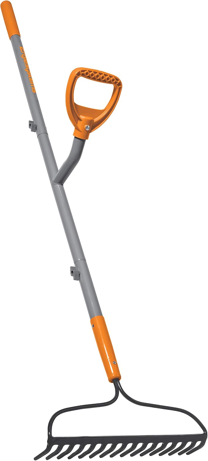 ERG-BWRK16 Strain Reducing Steel Impact Resistant Bow Rake, 16-Tine, 54-Inch Shaft, w/Patented Ergonomic Second Handle, Gray/Orange