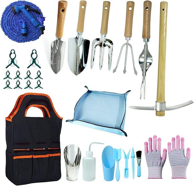 Garden Tools Set 26 Piece, Succulent Tools Set Included, Heavy Duty Stainless Steel Gardening Tools,Ergonomic Handle Tools, Storage Tote Bag,295in Water Pipe,ice Pickaxe,Ideal Gifts for Women