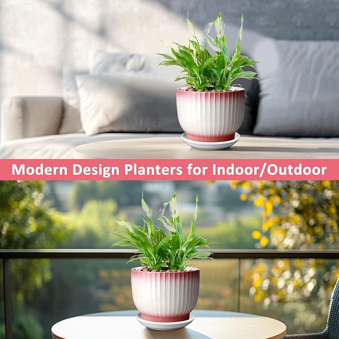 8 Inch Plant Pot, Ceramic Planter with Drainage and Saucer, Ceramic Pots for Plants, Indoor Plant pots,Ceramic Flower pots(Pink + White, Plants NOT Included)