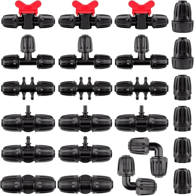 24 Pcs 1/2 inch Tubing Irrigation Fittings Kit, Kalolary Barbed Locked Connectors for Garden Lawn Drip Irrigation System(Switch Valves, T Connectors, Tees, Elbows, Ends, 1/2" to 1/4" tubing Reducers)
