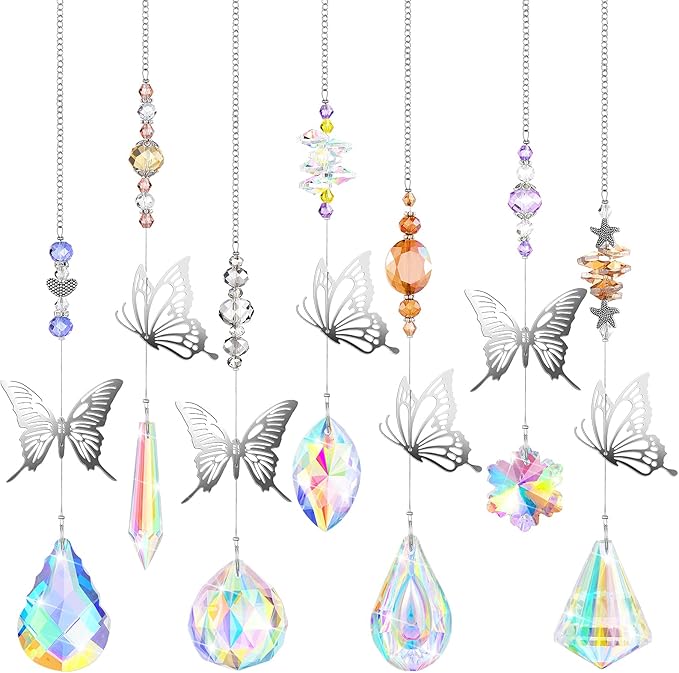 Hicarer 7 Pieces Crystals Suncatcher Butterfly Prism Sun Catchers Colorful Crystal Chandelier Rainbow Pendant Christmas Tree Decor Wall Hanging Window Ornament