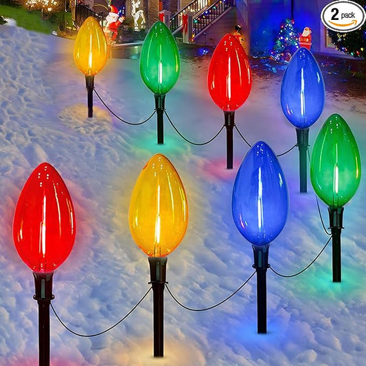 Jumbo C9 Christmas Pathway Lights Outdoor - 2 Pack Total 14 FT 8 LED C9 Giant Clear Multicolor Christmas Walkway Lights for Lawn Holiday Yard Garden Driveway Xmas Decorations