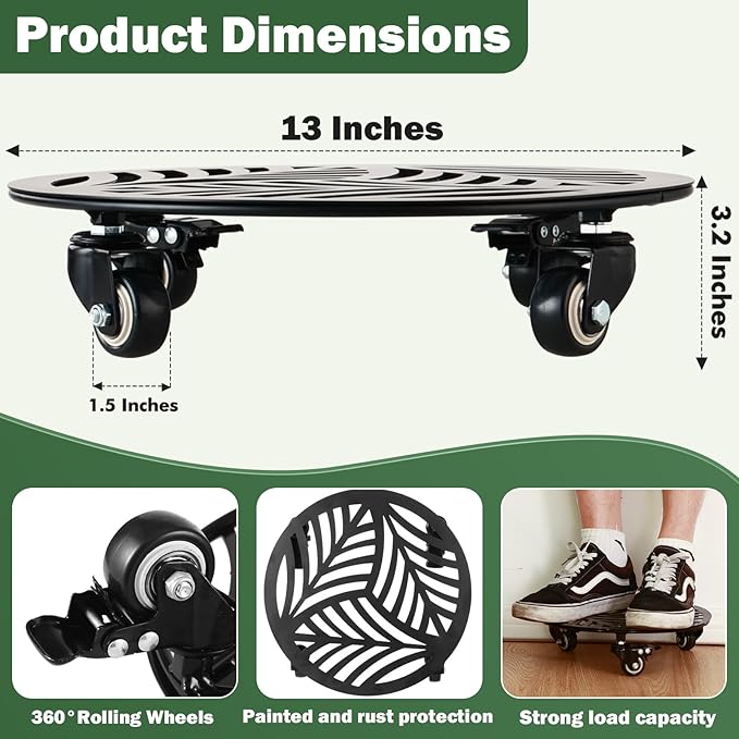 3 Packs Large Metal Plant Caddy with Wheels 13” Heavy-duty Wrought Iron Rolling Plant Stands with Casters Indoor Outdoor Planter Roller Base Plant Movers Black, Strong Load Capacity