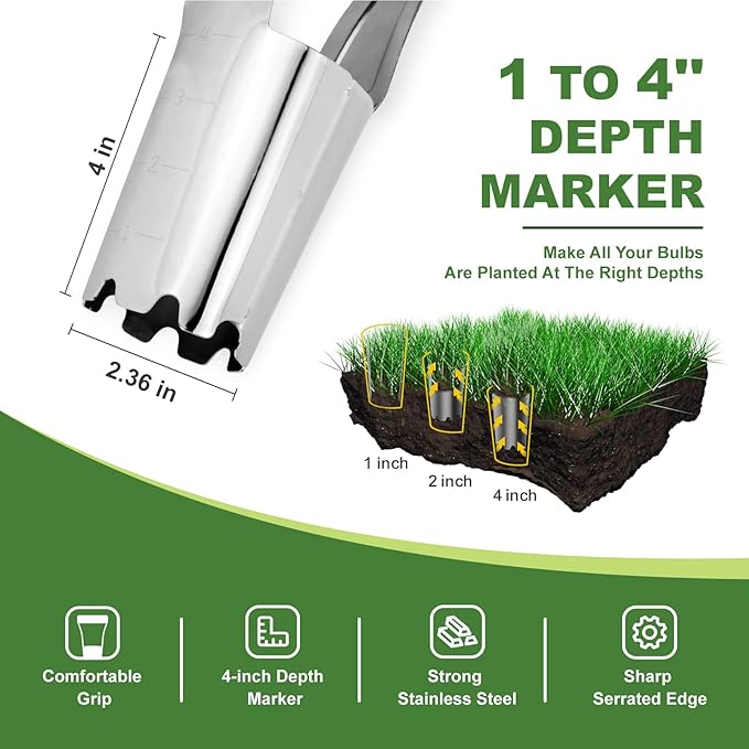 Bulb Planter Tool, 4 Inches Depth Mark Hand Bulb Planter, Non-Bending Stainless Steel Bulb Planter Digger, Garden Bulb Transplanter with Comfortable Grip Wooden Handle for Tulip and Daffodils