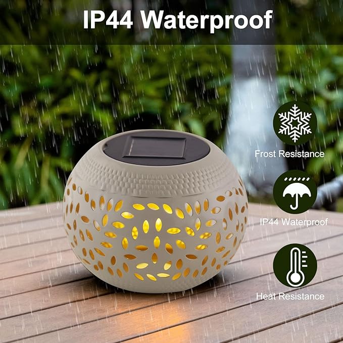 Solar Table Light Outdoor Waterproof- Solar Powered LED Lamp Hollowed-Out White Metal Desktop Decorative Lantern for Indoor Desk Bedroom Patio Garden Pathway Yard
