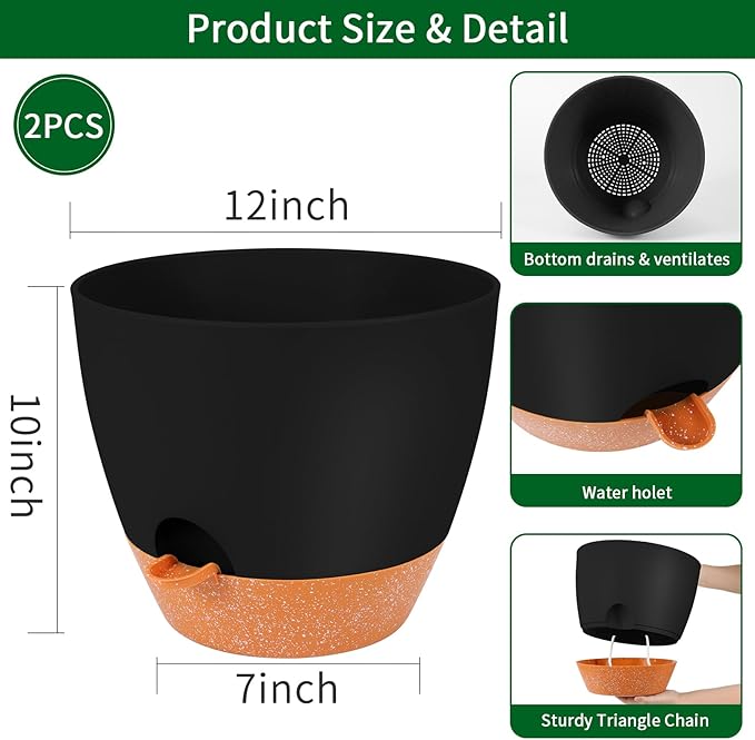GARDIFE 12 inch planters, Plant Pots,Self Watering Pots, 2 Pack Large Plastic Flower pots with Deep Reservior and High Drainage Holes for Indoor Outdoor Plants and Flowers, Black