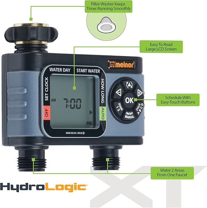 Melnor 65166AMZ HydroLogic Digital Hose Timer, 2-Zone Programmable Watering Timer, Quick Connect Bundle, Black, Grey