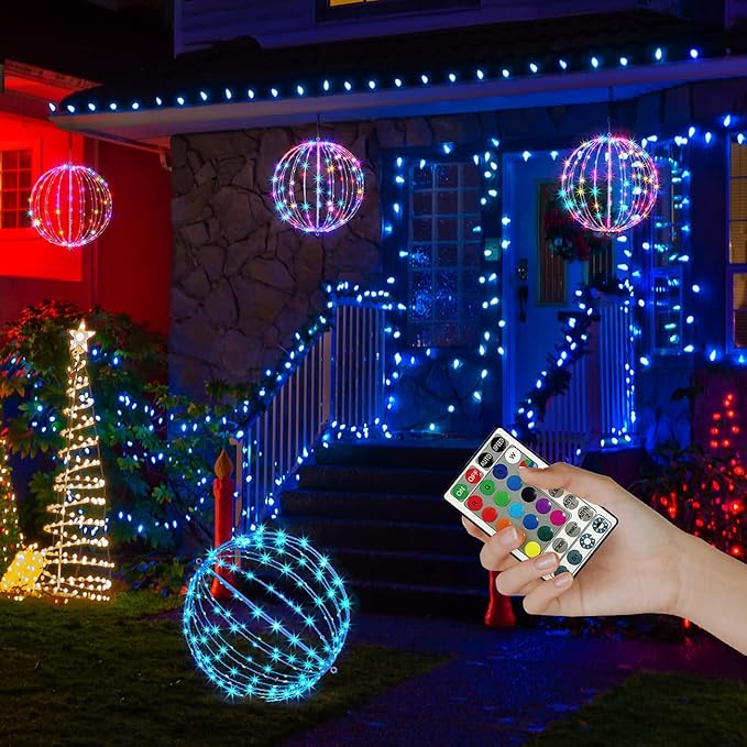 Christmas Ball Light Sphere, 12IN 96LED Hanging Tree & Pathway Lights [Foldable Metal Frame, UL Listed] - White, RGB