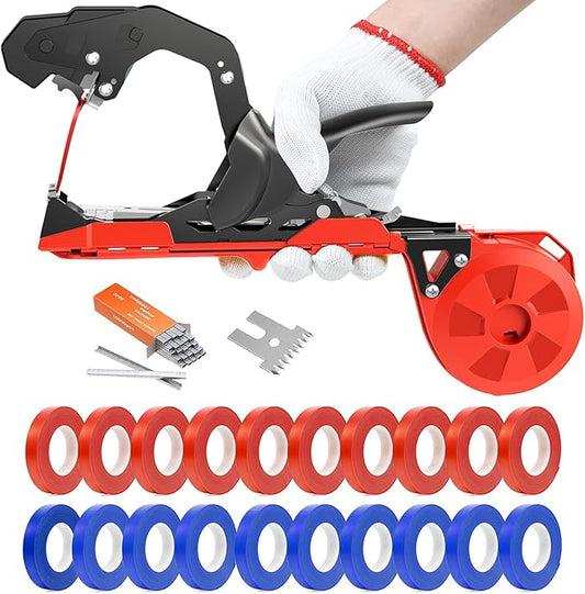 Plant Tying Machine, Upgraded Lightweight Plant Tape Gun to Tie Up Vine Quickly, Plant Tapener Tying Tool for Garden. Plant Tying Tool with 1 Blade 10000 Pcs Staples 20 Rolls Tape and 1 Glove (Red)