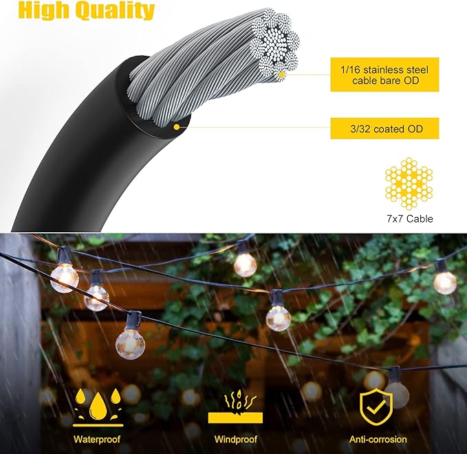 String Light Hanging Kit Outdoor Lighting Hanging Kit with 250 Ft Black Coated Wire Cable, Turnbuckle, Hooks and Enough Outdoor Accessories for Outside, Patio, Garden