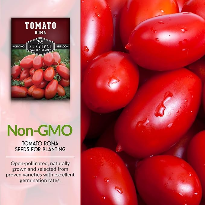 Survival Garden Seeds - Roma Tomato Seed for Planting - 3 Packs with Instructions to Plant and Grow Italian Roma Tomatoes in Your Home Vegetable Garden - Canning Favorite - Non-GMO Heirloom Variety