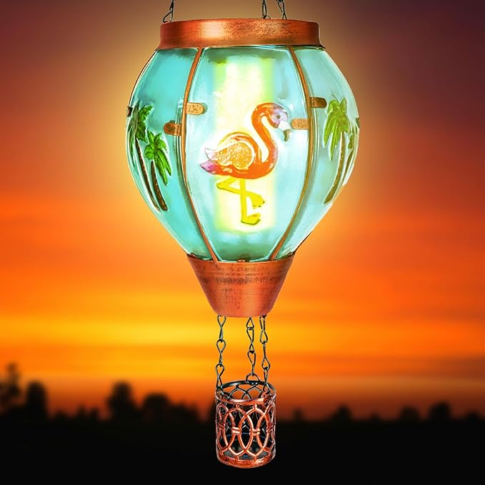 4 Pack Solar Hot Air Balloon Lantern with Flame， Flamingo Glass Solar Outdoor Lights Decorative for Outdoor Patio Garden Decor, Flamingo Gifts for Women Grandma Mom - Flamingo