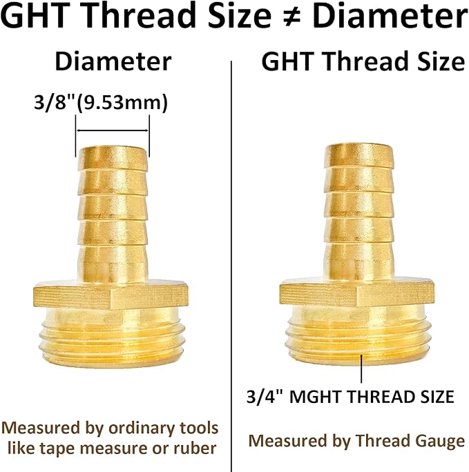 2Pcs 3/8" Barb x 3/4" Male GHT Thread Hex Brass Garden Water Hose Pipe Connector Copper Fitting with Stainless Clamp House/Boat/Lawn/Power Wash/Irrigation