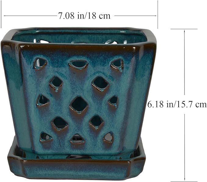 W&W Orchid Pot with Holes and Saucer for Repotting and Better Grow, Teal, 7 Inches