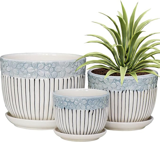 Ton Sin Grey Flower Pots,Texture Planter for Indoor Plants Set of 3 Ceramic Flower Pots with Saucer,Cute Garden Pots Succulent Pots（3 Pack,Grey