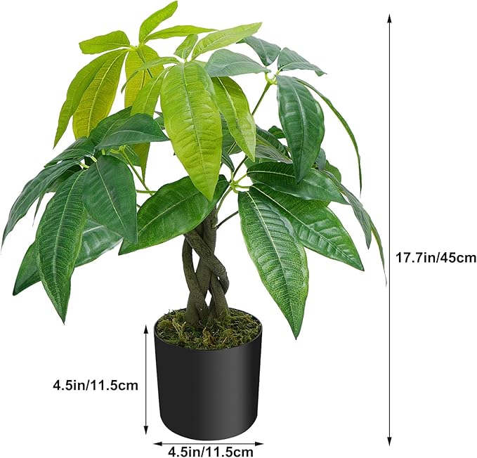 HUAESIN 18 inches Artificial Money Tree Faux Tree Table Top Fake Potted Plants Indoor Small Silk Tree Pachira Aquatica for Home Table Bedroom Kitchen Office Porch Decor Aesthetic