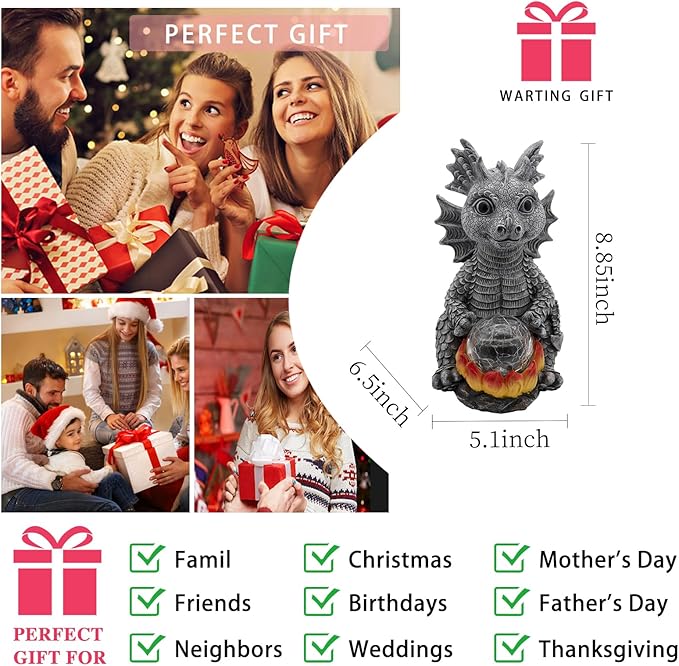 Solar Garden Statue Dragon Figurine with 7-Color Changing Solar Crackle Globe Lights- Loving Dragon for Patio,Balcony,Yard, Lawn-Unique Idea Gifts (Grey)