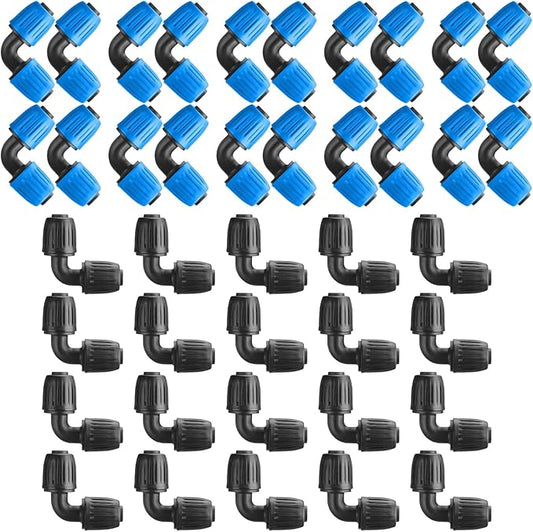 Frienda 40 Pcs 1/2 inch Irrigation Fittings Elbow Connectors Tubing (1/2" IDx0.6-0.63" OD) 16mm Drip Tubing Barbed Drip Parts Locked Elbow Connectors for Hose, Blue and Black