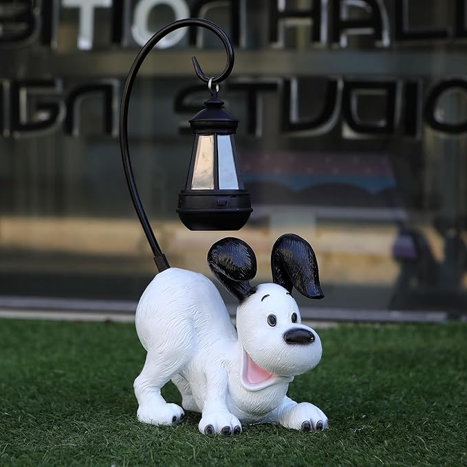 Laughing Dog Figurine with Solar-Powered LED Light 15.9 Inches Tall Perfect for Gift Garden Decor or Housewarming for Dog Lovers White