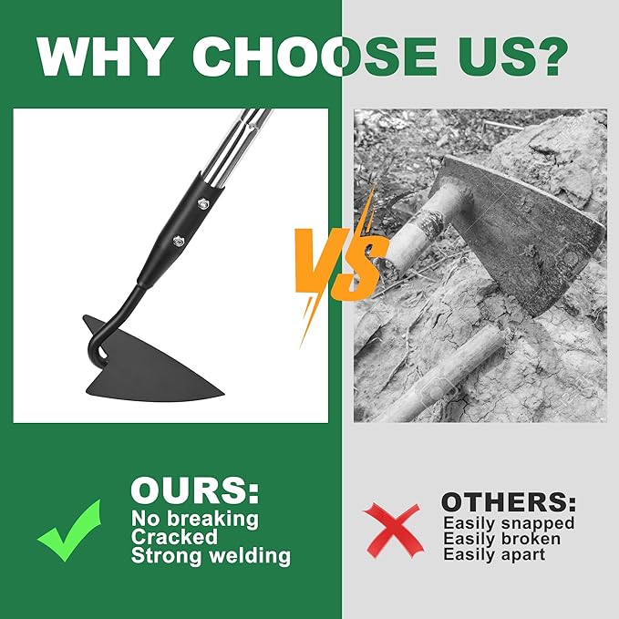 Warren Hoe, Carbon Steel Triangle Garden Hoe with Stainless Steel 57" Adjustable Long Handle, Heavy Duty Gardening Hand Tools Hoe for Ridging Weeding Digging Loosening Edging Soil