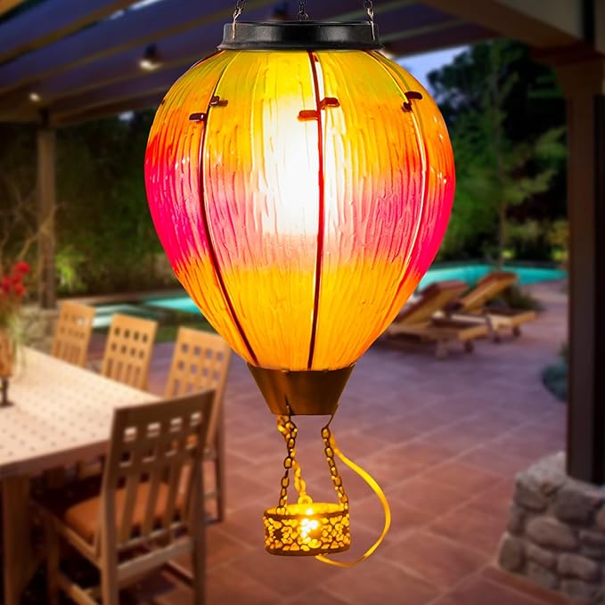 Large Solar Hot Air Balloon Lantern with Flame, Colorful Glass Hanging Balloon Lanterns Outdoor Waterproof Garden Decor for Yard Patio, Birthday Mother's Day Gifts for Women Mom