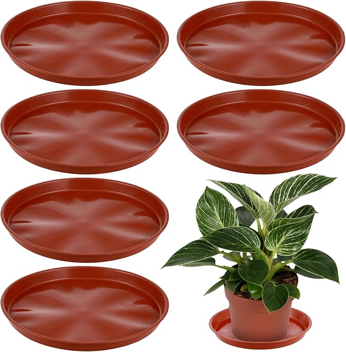 6 Pack Bottom 12 Inch Plant Saucers for Indoors Outdoors Plastic Plant Water Catcher Trays No Holes Round Flower Pot Drip Trays, Heavy Duty Plant Pot Saucers Water Drainage Trays, Terracotta